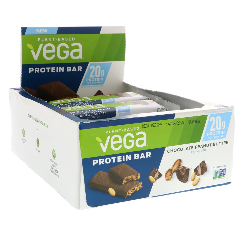 Vega, barre protéinée, beurre de cacahuète au chocolat, 12 barres, 2,5 oz (70 g) chacune