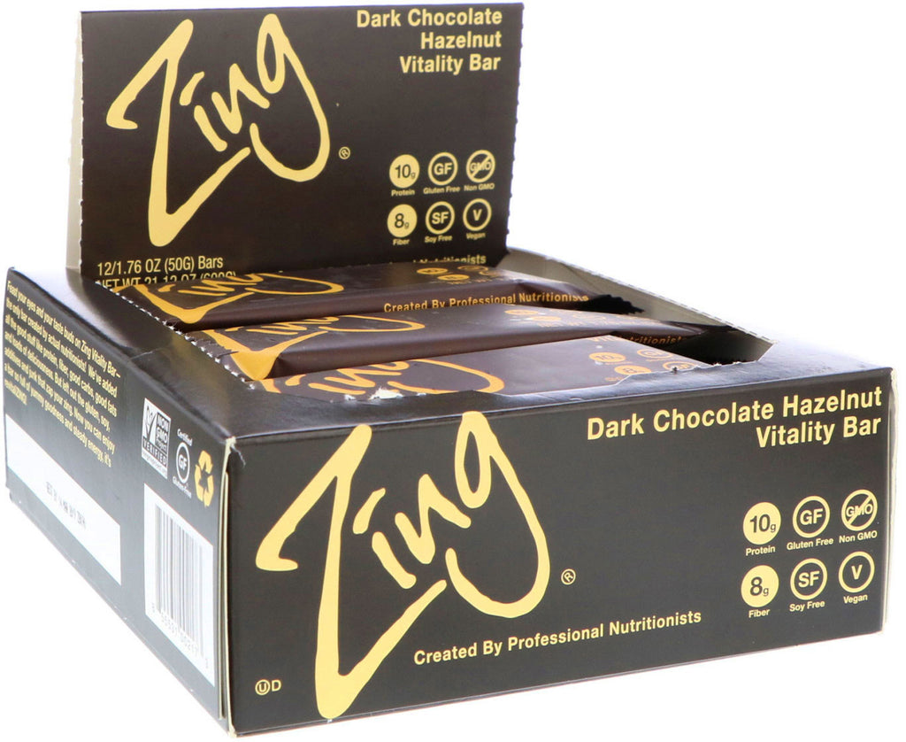 Zing Bars, Vitality Bar, Hazelnoot van pure chocolade, 12 repen, elk 1,76 oz (50 g)