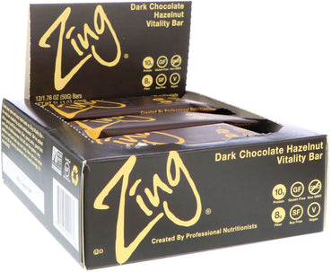 Barres Zing, barre vitalité, noisette au chocolat noir, 12 barres, 1,76 oz (50 g) chacune
