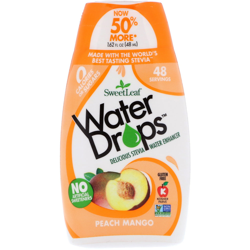 Wisdom Natural, SweetLeaf, vattendroppar, Delicious Stevia Water Enhancer, Peach Mango, 1,62 fl oz (48 ml)