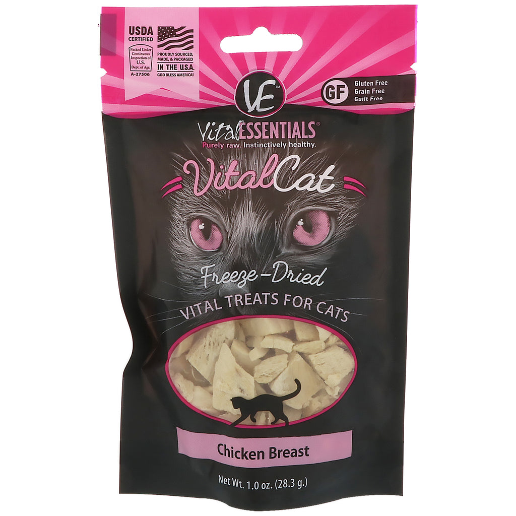 Vital Essentials, Vital Cat, frysetørkede godbiter for katter, kyllingbryst, 1,0 oz (28,3 g)