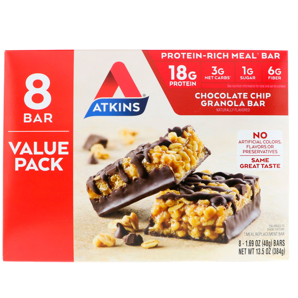 אטקינס, בר ארוחות, שוקולד צ'יפס גרנולה, 8 חפיסות, 1.69 אונקיות (48 גרם) כל אחד