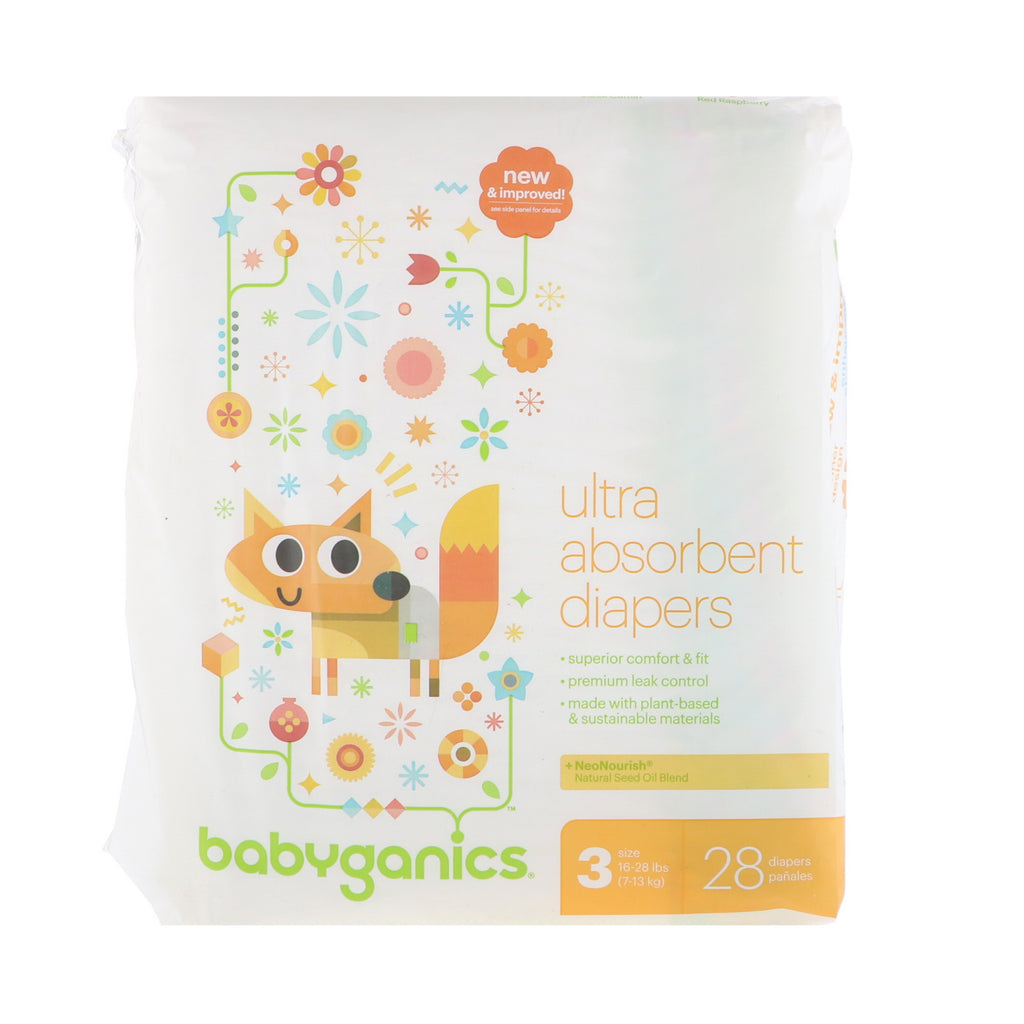 BabyGanics, Ultra Absorbent Diapers, Size 3, 16-28 lbs (7-13 kg), 28 Diapers