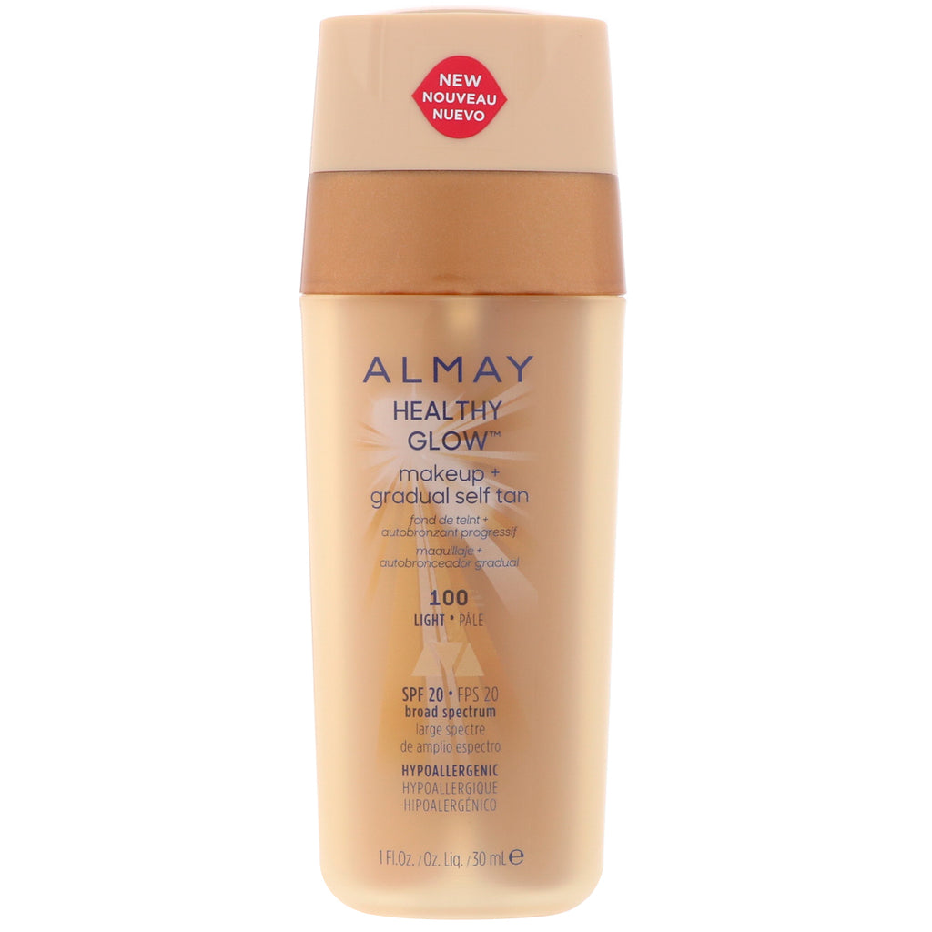 Almay, Maquillaje con brillo saludable y autobronceador gradual, 100, ligero, SPF 20, 30 ml (1 oz. líq.)