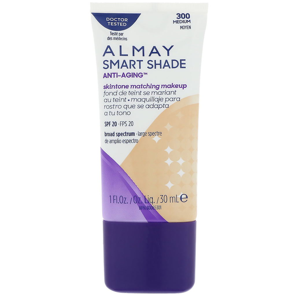 Almay, Smart Shade, Anti-Aging Hudtone Matchende Makeup, SPF 20, 300 Medium, 1 fl oz (30 ml)
