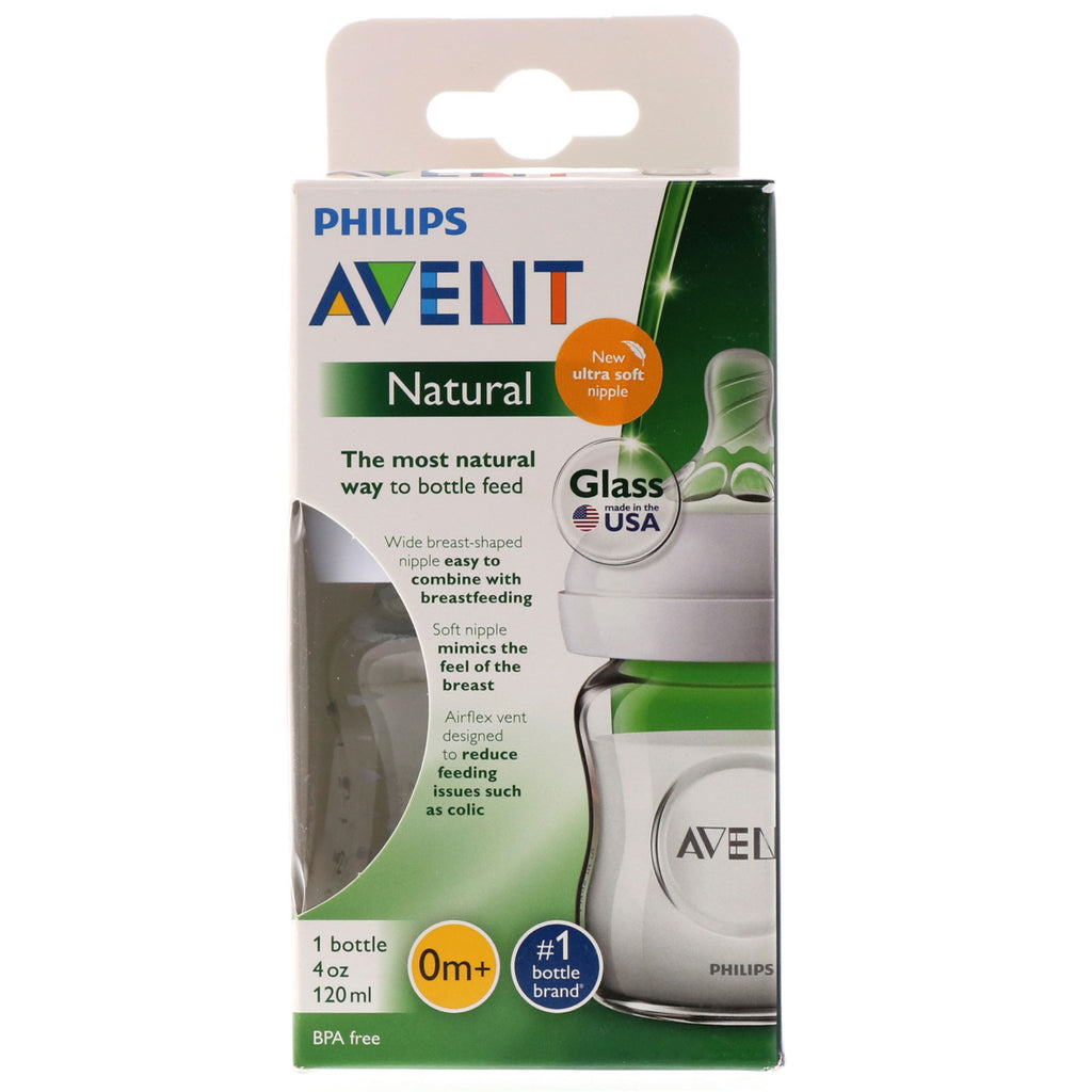Philips Avent, natuurlijke glazen fles, 0+ maanden, 1 fles, 4 oz (120 ml)