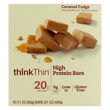 Barras de alta proteína ThinkThin Fudge de caramelo 10 barras 60 g (2,1 onças) cada