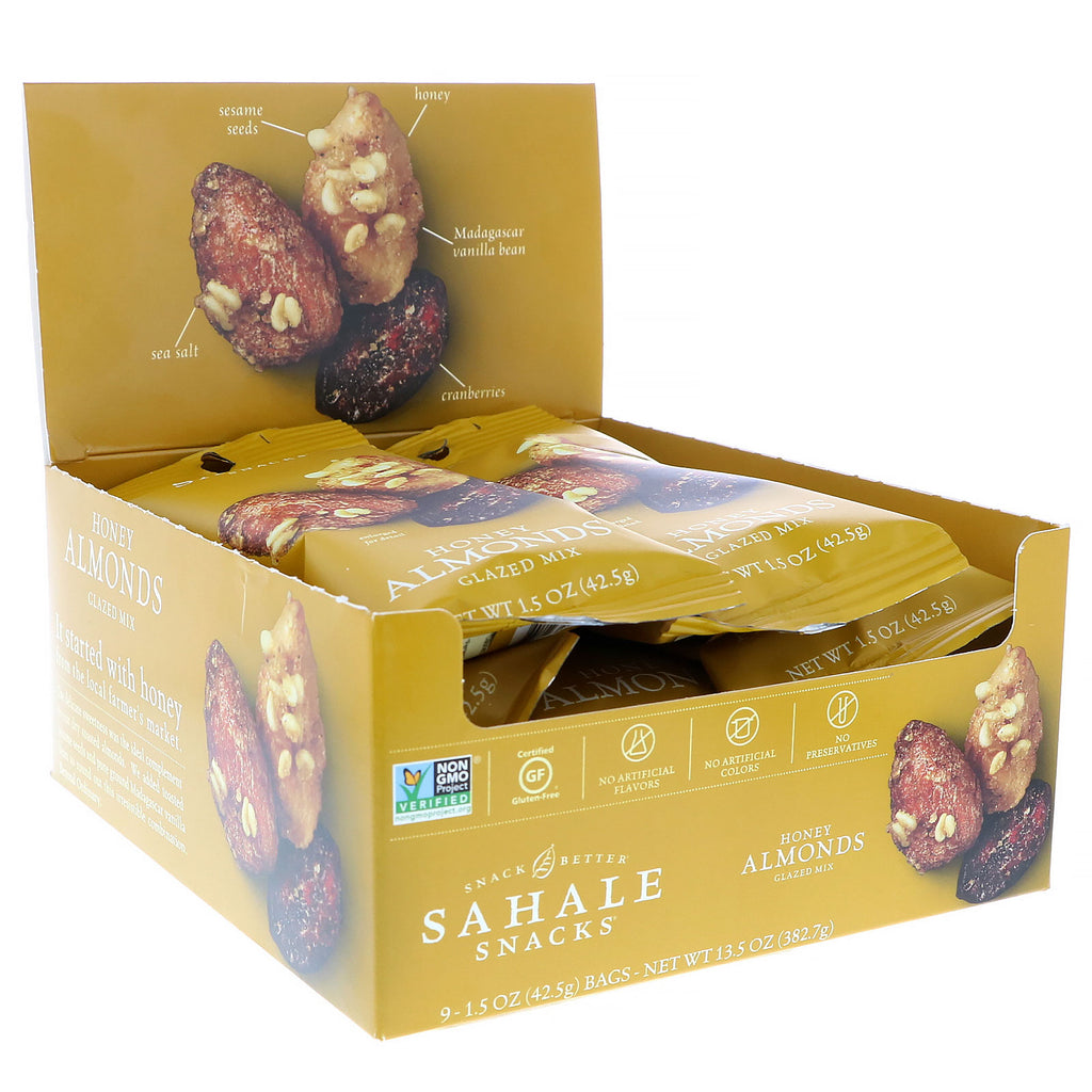 Sahale Snacks, glaserad blandning, honungsmandlar, 9 förpackningar, 1,5 oz (42,5 g) vardera