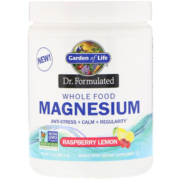 Garden of Life, Dr. Formulert, fullmat magnesiumpulver, bringebær sitron, 7 oz (198,4 g)