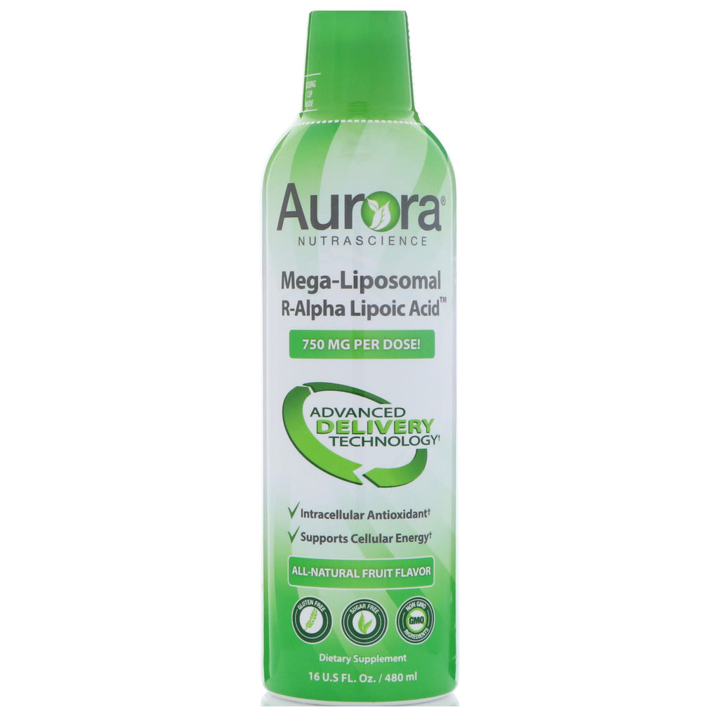 Aurora Nutrascience, Mega-Liposomal R-Alpha Lipoic Acid, טעם פירות טבעי, 750 מ"ג, 16 פל אונקיות (480 מ"ל)