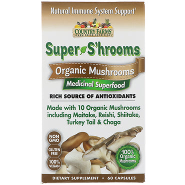Country Farms, Super Shrooms, Cogumelos, Superalimento Medicinal, 60 Cápsulas