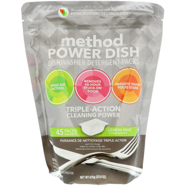 Method, Power Dish, paquetes de detergente para lavavajillas, limón y menta, 45 paquetes, 23,8 oz (675 g)