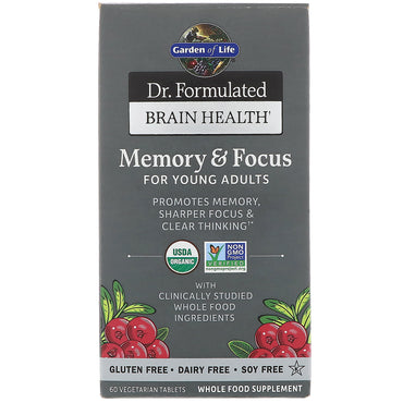 Garden of Life, Dr. formulerede hjernesundhed, hukommelse og fokus for unge voksne, 60 vegetariske tabletter