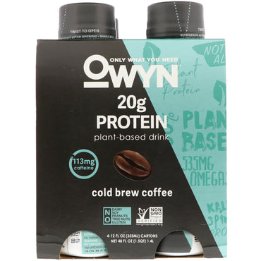 OWYN, Shake protéiné à base de plantes, Café infusé à froid, 4 shakes, 12 fl oz (355 ml) chacun