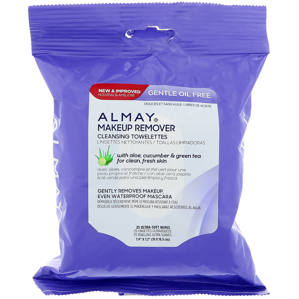 Almay, skånsomme oljefrie sminkefjerner-rensehåndkle, 25 ultra myke våtservietter