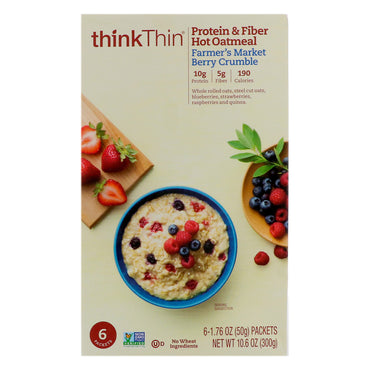 ThinkThin, Protein & Fiber Hot Havremel, Farmer's Market Berry Crumble, 6 pakker, 1,76 oz (50 g) hver