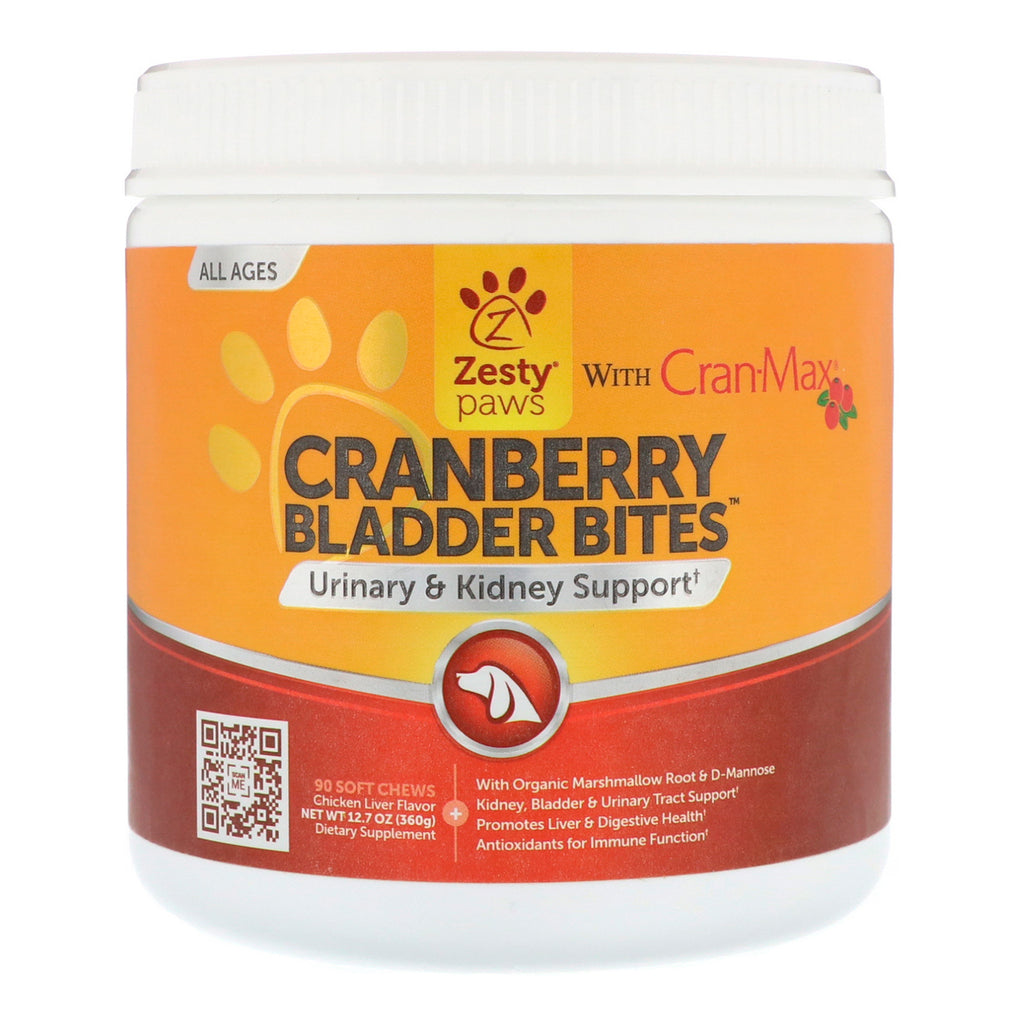 Zesty Paws, Cranberry Bladder Bites for Dogs, Urinary & Kidney Support, All Ages, Chicken Liver Flavor, 90 Soft Chews