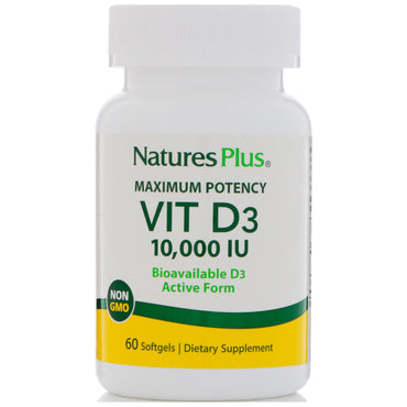 Nature's Plus、最大効力、ビタミン D3、10,000 IU、60 ソフトジェル