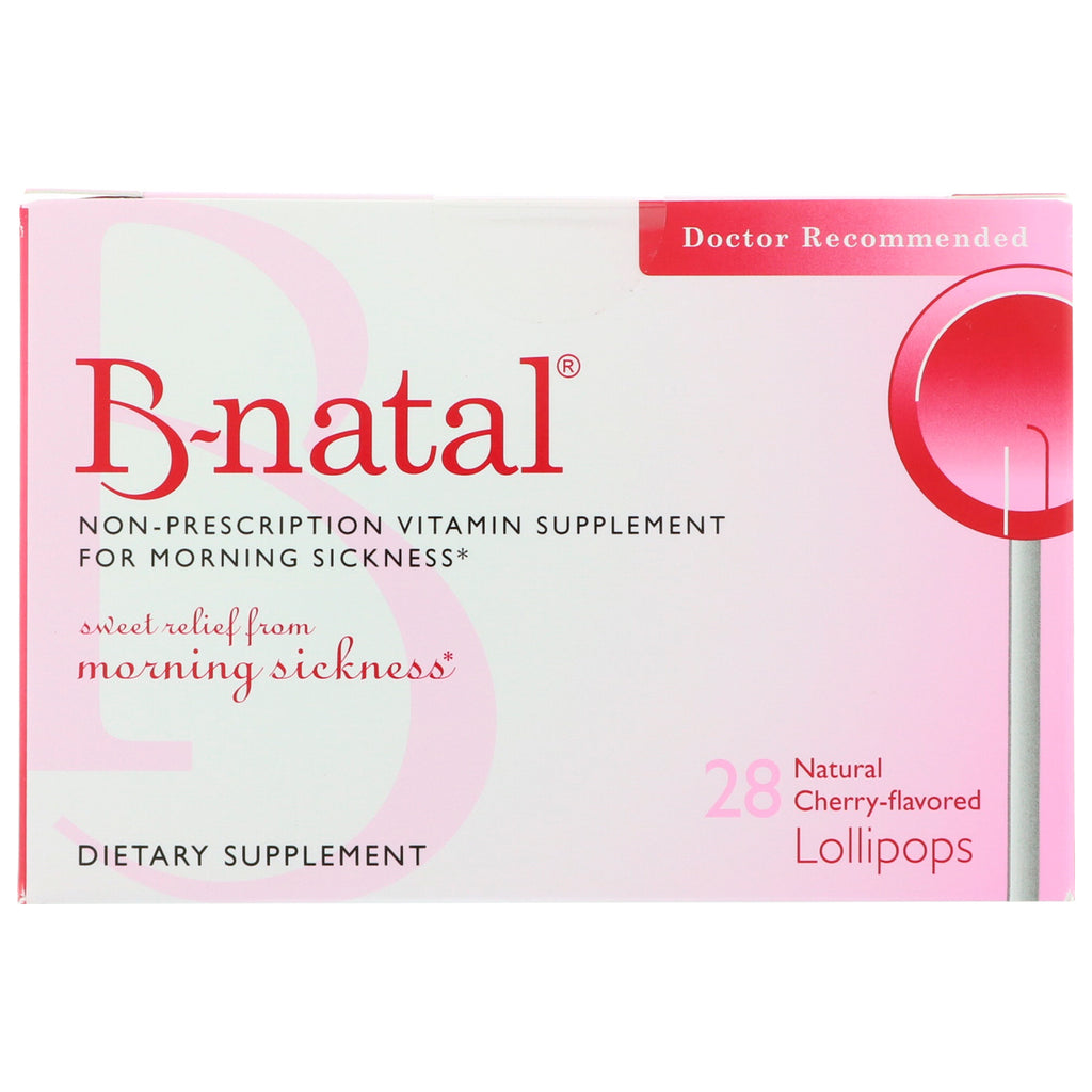 B-natal, receptfritt vitamintillskott mot illamående på morgonen, naturlig körsbärssmak, 28 klubbor