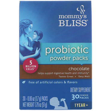 Mommy's Bliss, Paquetes de probióticos en polvo, chocolate, 1 año o más, 30 paquetes de polvo, 0,06 oz (1,7 g) cada uno