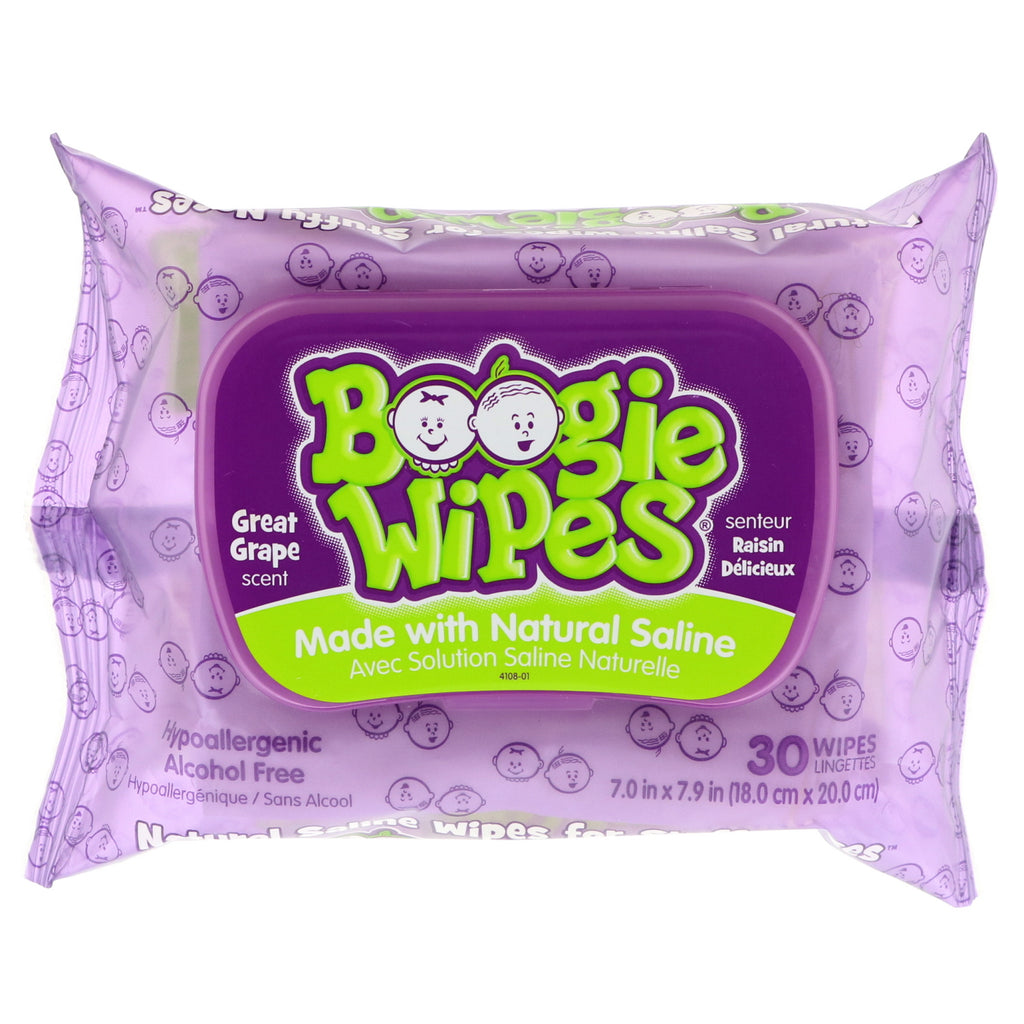 Boogie Wipes Natural Saline Wipes för täppt näsa Bra druvdoft 30 Wipes