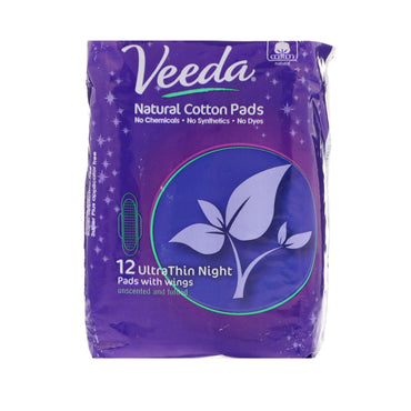 Veeda, Tampons en coton naturel avec ailes, Ultra fins, Nuit, 14 tampons