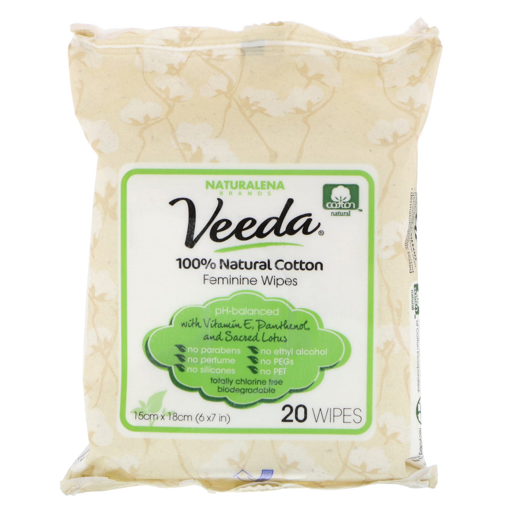 Veeda, Lingettes féminines 100 % coton naturel, 20 lingettes