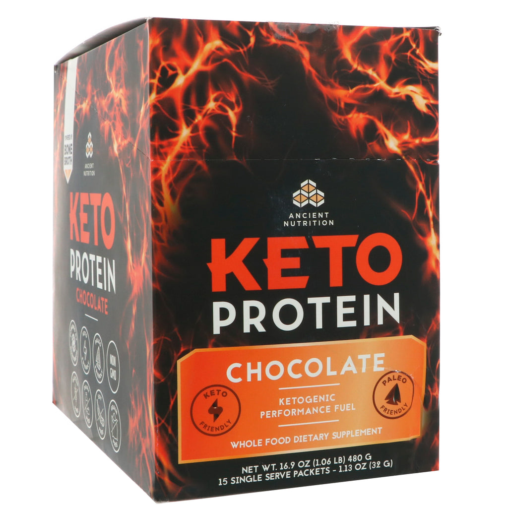 Dr. Axe / Ancient Nutrition, Keto Protein, Ketogenic Performance Fuel, ช็อคโกแลต, 15 ซองเสิร์ฟเดี่ยว, 1.13 ออนซ์ (32 กรัม) ต่อชิ้น