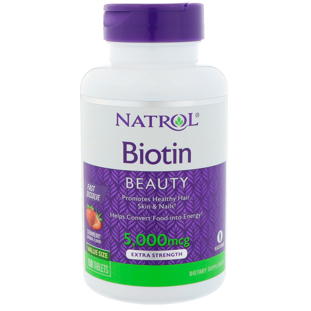 Natrol, Biotin, Extra Strength, Strawberry, 5000 mcg, 150 Tablets