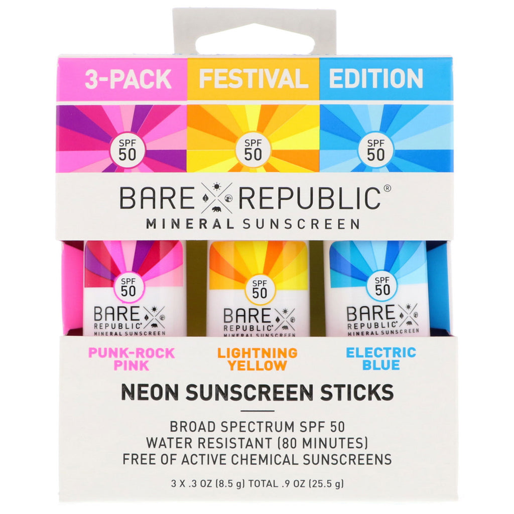 Bare Republic, Neon Sunscreen Sticks, Festival Edition, SPF 50, 3 pakke, 8,5 g hver