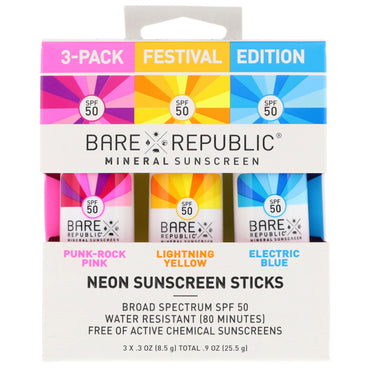 Bare Republic, Bâtons de crème solaire au néon, Édition Festival, FPS 50, paquet de 3, 0,3 oz (8,5 g) chacun