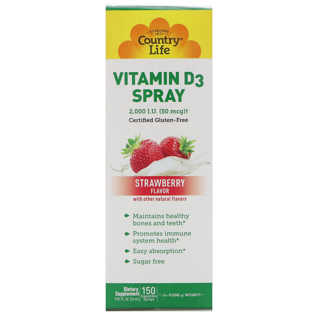 Country Life, Vitamin D3 Spray, Strawberry Flavor, 2,000 I.U. (50 mcg), 150 Ingestible Sprays, 0.81 fl oz (24 ml)