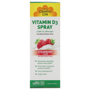 Country Life, Vitamine D3 Spray, Aardbeiensmaak, 2.000 IE (50 mcg), 150 Inslikbare Sprays, 0,81 fl oz (24 ml)