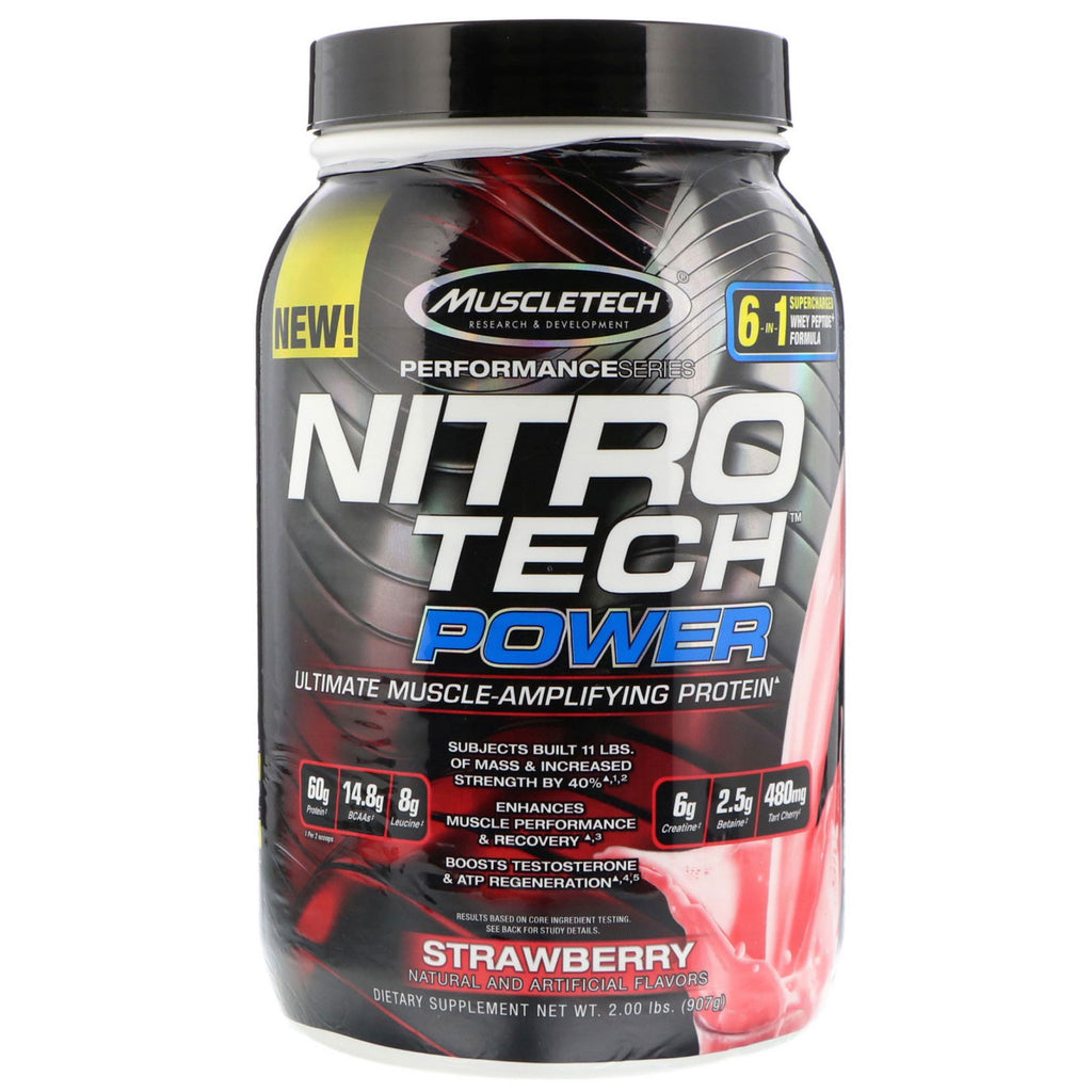 Muscletech, ニトロ テック パワー、究極の筋肉増幅プロテイン、ストロベリー、2.00 ポンド (907 g)