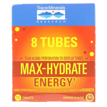 Trace Minerals Research, Max-Hydrate Energy, tabletas efervescentes + cafeína, sabor a naranja, 8 tubos, 10 tabletas cada uno