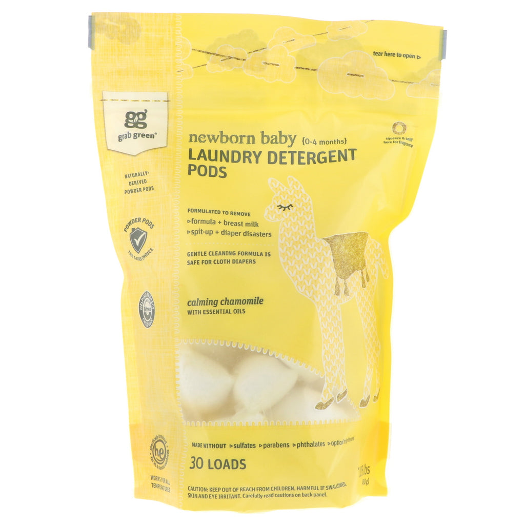 Detergente para roupa GrabGreen em cápsulas para bebês recém-nascidos de 0 a 4 meses, camomila calmante com óleos essenciais, 30 cargas, 480 g (1,05 lbs)