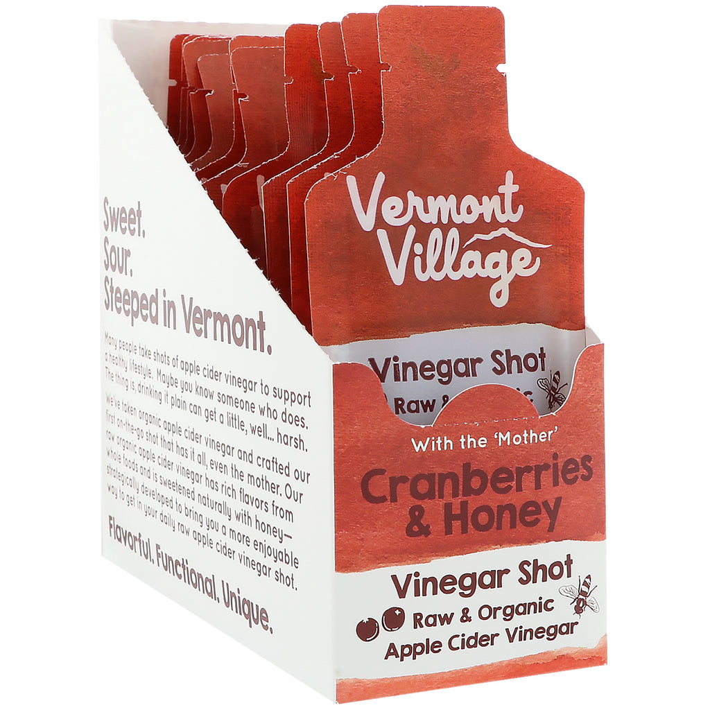 Vermont Village vinägershots, äppelcidervinägershot, tranbär och honung, 12 påsar, (1,0 oz) styck