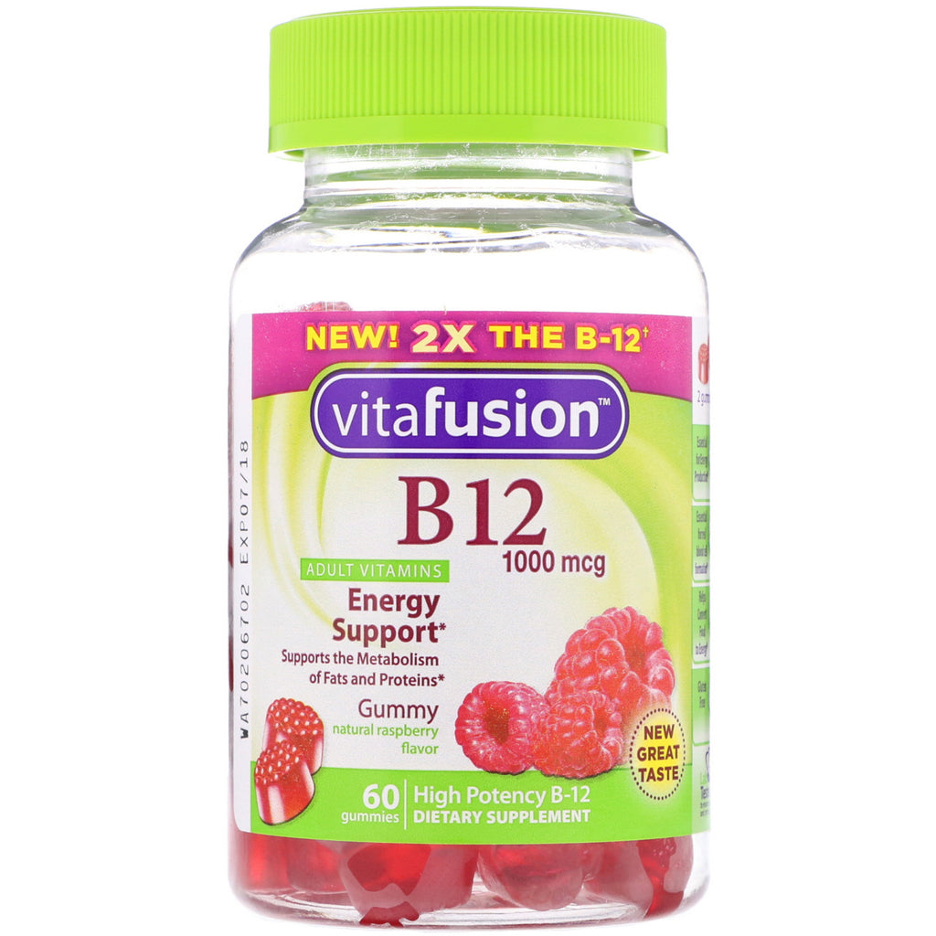 VitaFusion, วิตามินสำหรับผู้ใหญ่ B12, ให้พลังงาน, รสราสเบอร์รี่ธรรมชาติ, 1000 mcg, 60 Gummies