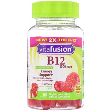 VitaFusion, B12 voksenvitaminer, energistøtte, naturlig hindbærsmag, 1000 mcg, 60 gummier