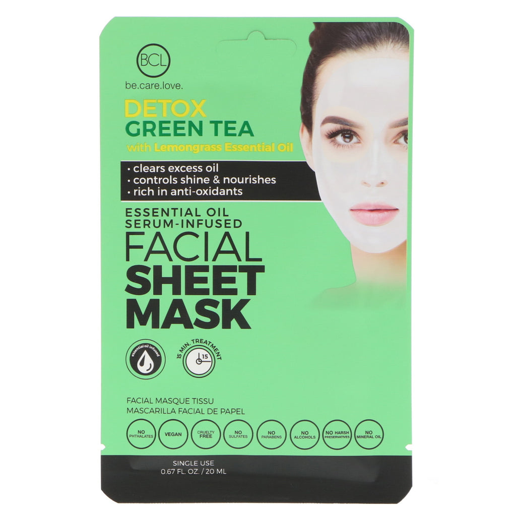 Blc, be care love, eterisk olje serum-infundert ansiktsmaske, detox grønn te, 1 maske