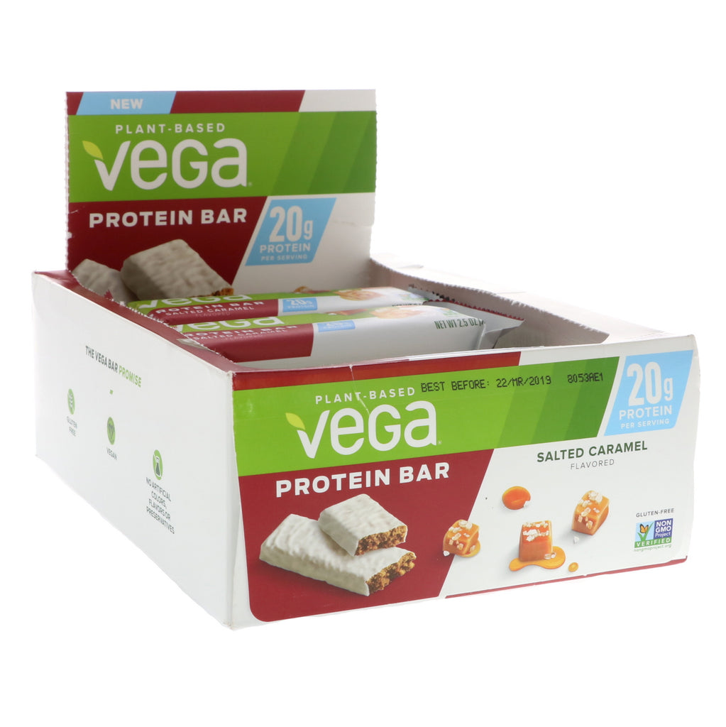 Vega, لوح بروتين، كراميل مملح، 12 قطعة، 2.5 أونصة (70 جم) لكل قطعة