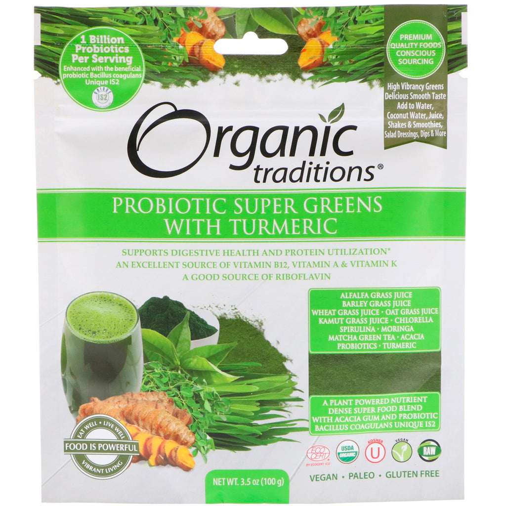 Traditions, Super Greens probiotiques au curcuma, 3,5 oz (100 g)