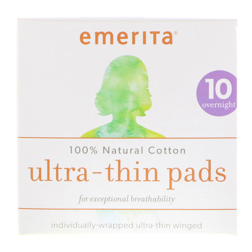 Emerita, 100% Natural Cotton Ultra-Thin Pads, Overnight, 10 Pads