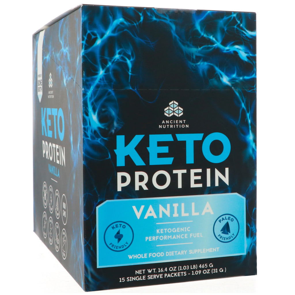 Dr. Axe / Ancient Nutrition, Ketoprotein, Ketogenic Performance Fuel, Vanilj, 15 portionspaket, 1,09 oz (31 g) vardera
