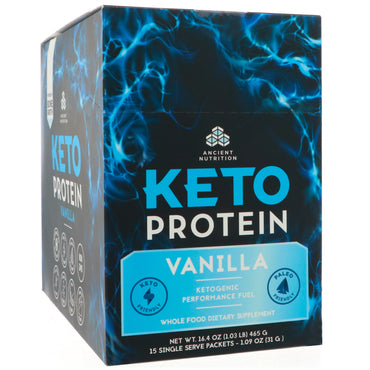 Dr. Axe / Ancient Nutrition, Keto Protein, Ketogenic Performance Fuel, Vanilje, 15 enkeltservingspakker, 1,09 oz (31 g) hver
