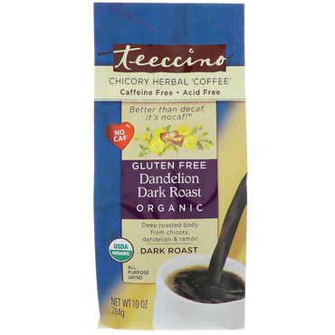 Teeccino, "قهوة" أعشاب الهندباء البرية، الهندباء المشوية الداكنة، خالي من الكافيين، 10 أونصة (284 جم)