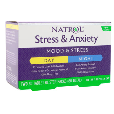 Natrol, Stress & Anxiety, Mood & Stress, Two 30 Tablet Blister Packs (60 Total)