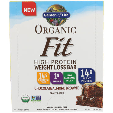 Garden of Life, Fit, barra para bajar de peso con alto contenido de proteínas, brownie de chocolate y almendras, 12 barras, 55 g (1,9 oz) cada una