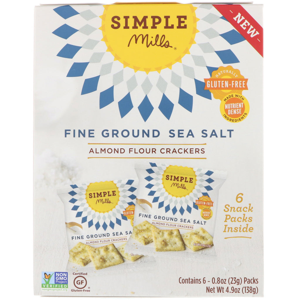 Simple Mills, naturligt glutenfri, mandelmel-crackers, fintmalet havsalt, 6 pakker, 0,8 oz (23 g) hver