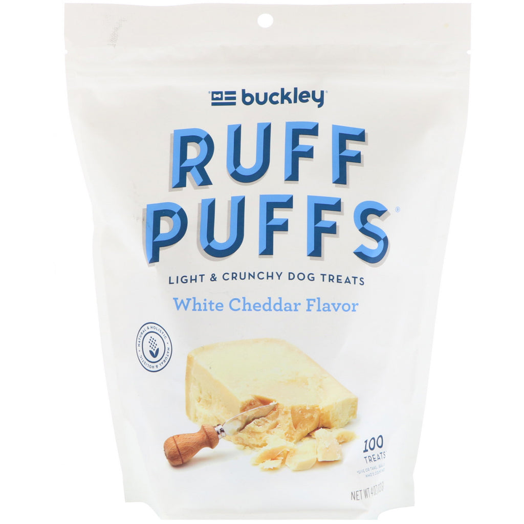 Buckley, Ruff Puffs, vit cheddarsmak, 100 godsaker, 4 oz (113 g)